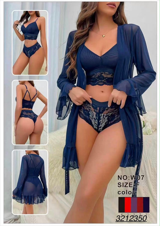 3PcsSoftNetShortNightySet_Lightweight_ElegantNightwear