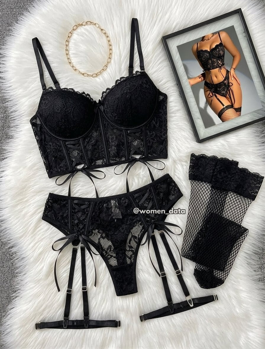 Black Lace Garter Lingerie Set with Fishnet Stockings in Pakistan – Safaa.pk