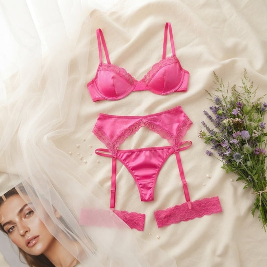 Luxury Satin Lace 4-Piece Lingerie Set in Pakistan – Safaa.pk