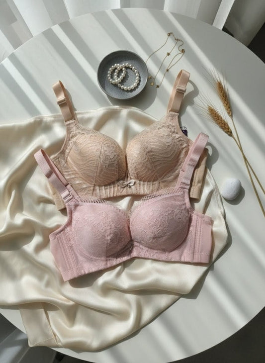 Pack of 2 beige and pink lace double padded bras size 32 in Pakistan – Safaa.pk