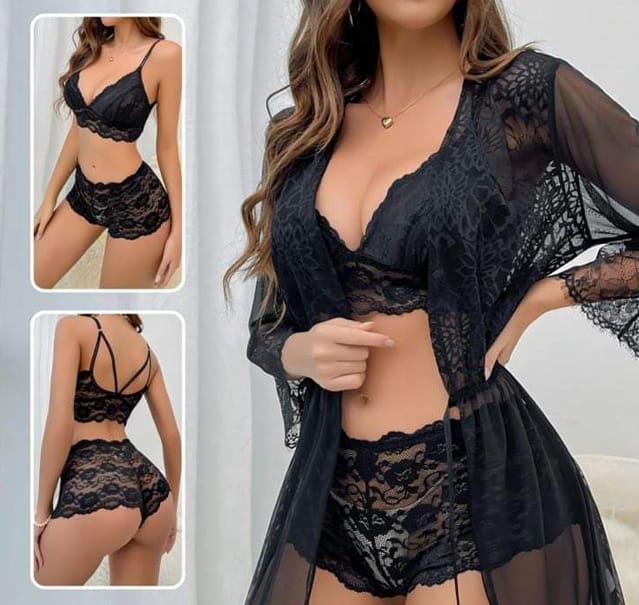 3 Pcs Soft Net Short Nighty Set – Lightweight & Elegant Nightwear