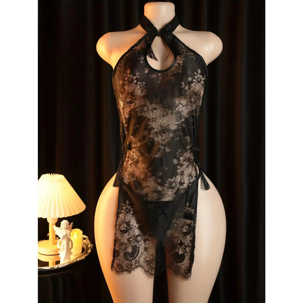 Black Floral Lace Cheongsam Lingerie – Backless Halter Slit Design | SAFAA
