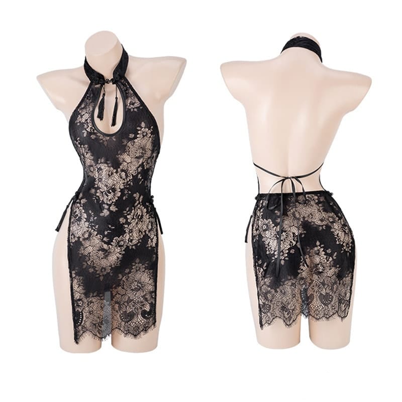 Black Floral Lace Cheongsam Lingerie – Backless Halter Slit Design | SAFAA