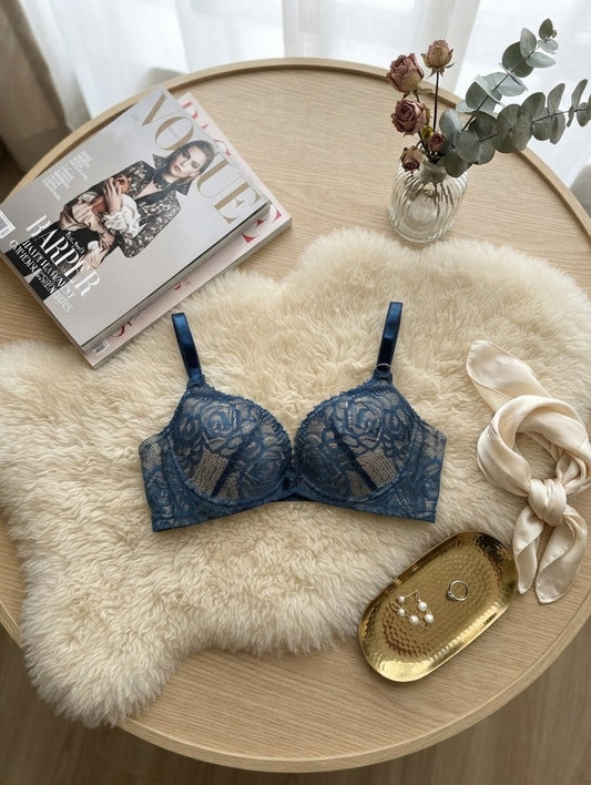 Blue lacy padded party wear bra with elegant wired cups