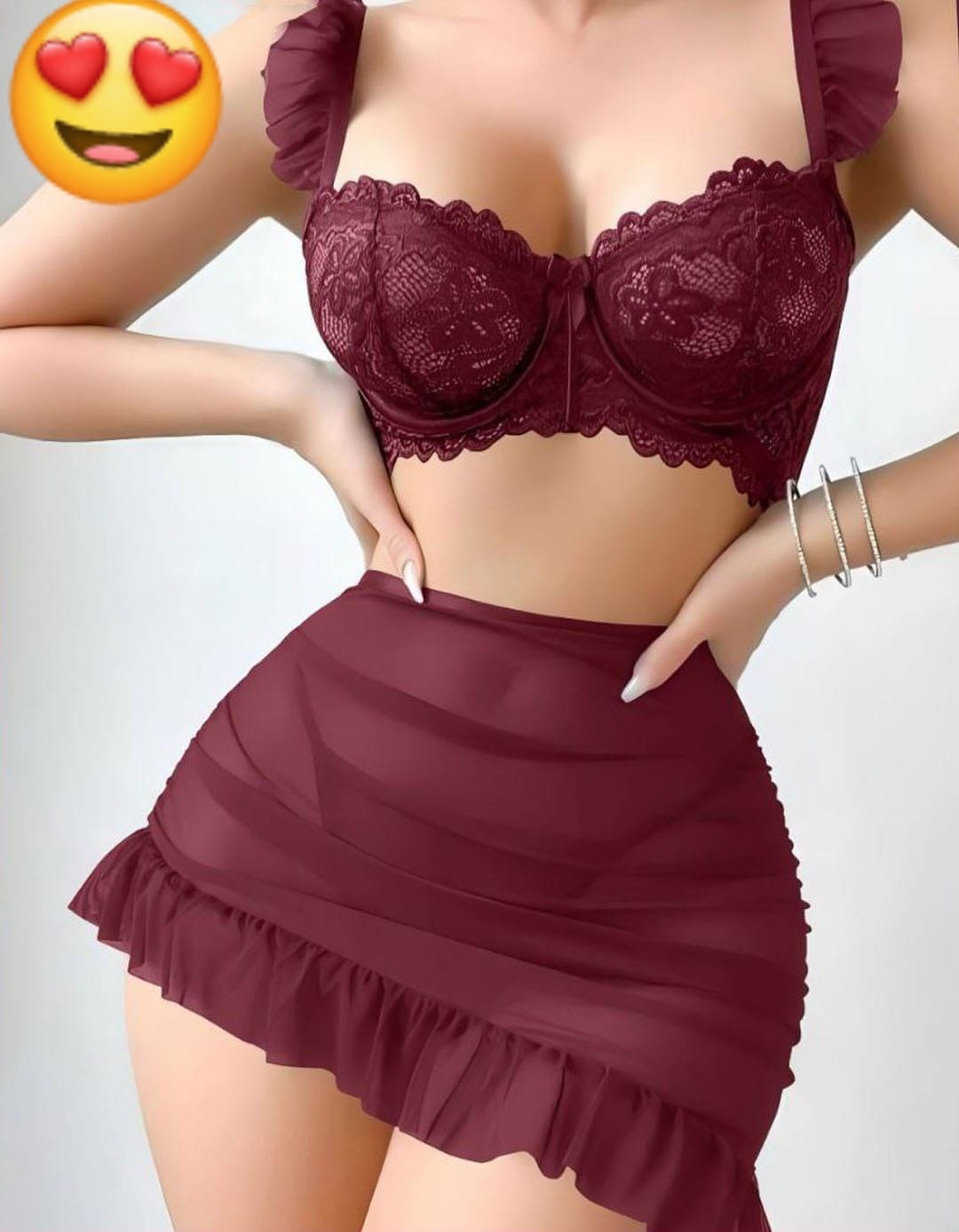 Burgundy Floral Lace Bustier Set with Sheer Ruffled Skirt in Pakistan – Safaa.pk