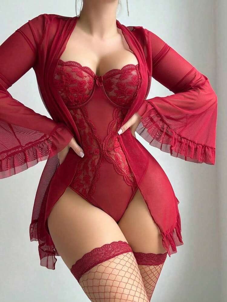 Burgundy Lace Teddy Lingerie Set with Sheer Robe in Pakistan – Safaa.pk