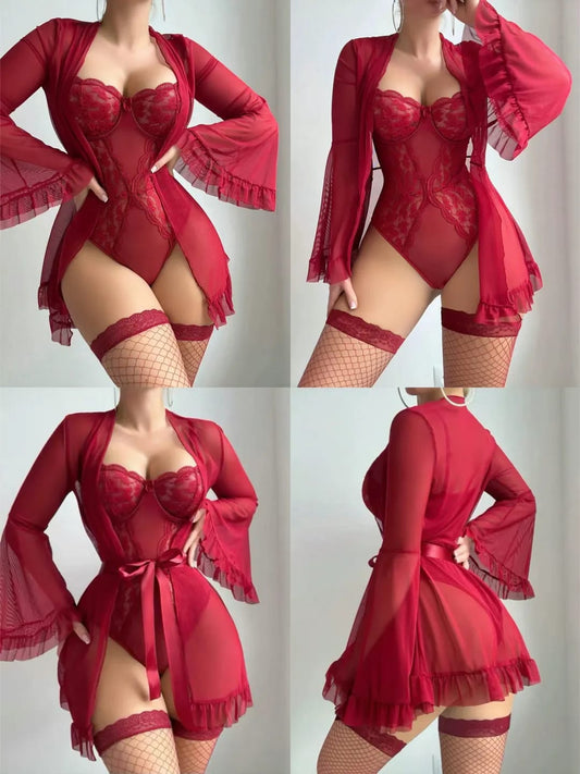 Burgundy Lace Teddy Lingerie Set with Sheer Robe in Pakistan – Safaa.pk