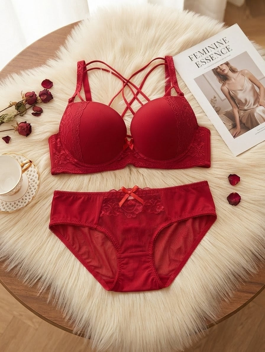 Criss-Cross Floral Lace Push-Up Bra Set in Pakistan – Safaa.pk