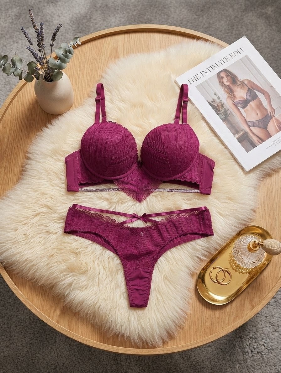 Lace Lingerie Set – Molded Push-Up & Strappy Thong | Safaa.pk