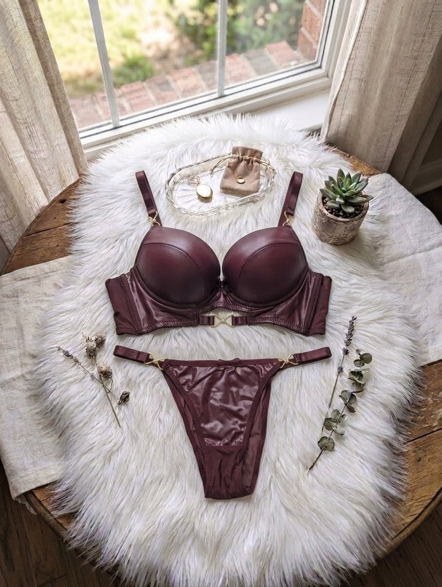 Leather look push up bra set with underwire support and matching panty