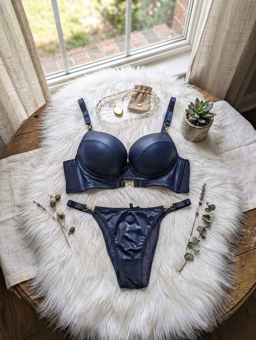 Leather look push up bra set with underwire support and matching panty
