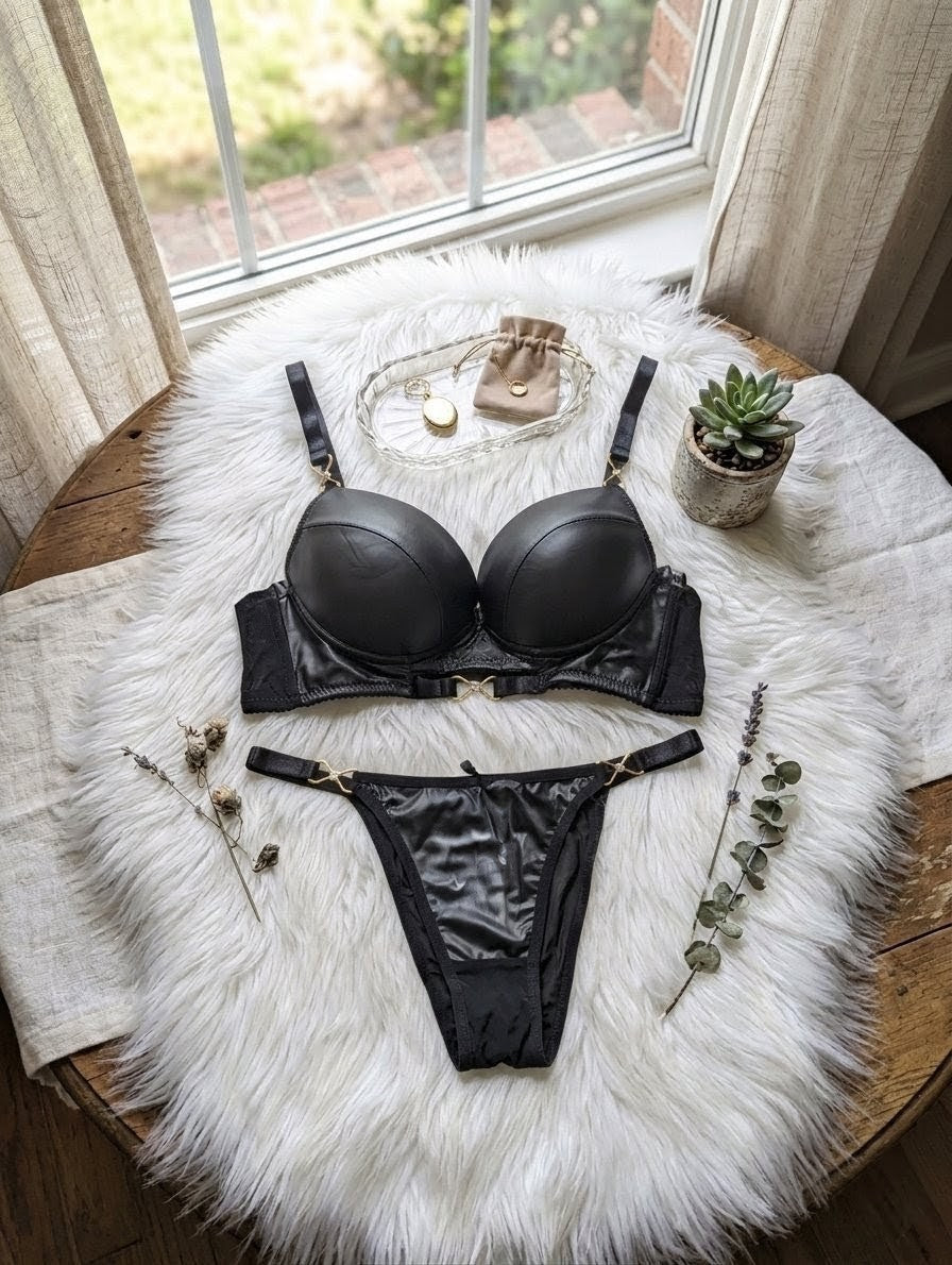 Leather look push up bra set with underwire support and matching panty