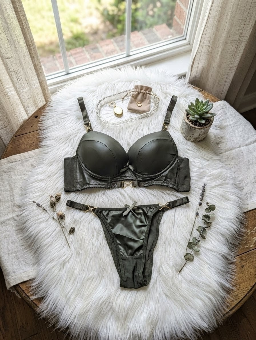 Leather look push up bra set with underwire support and matching panty