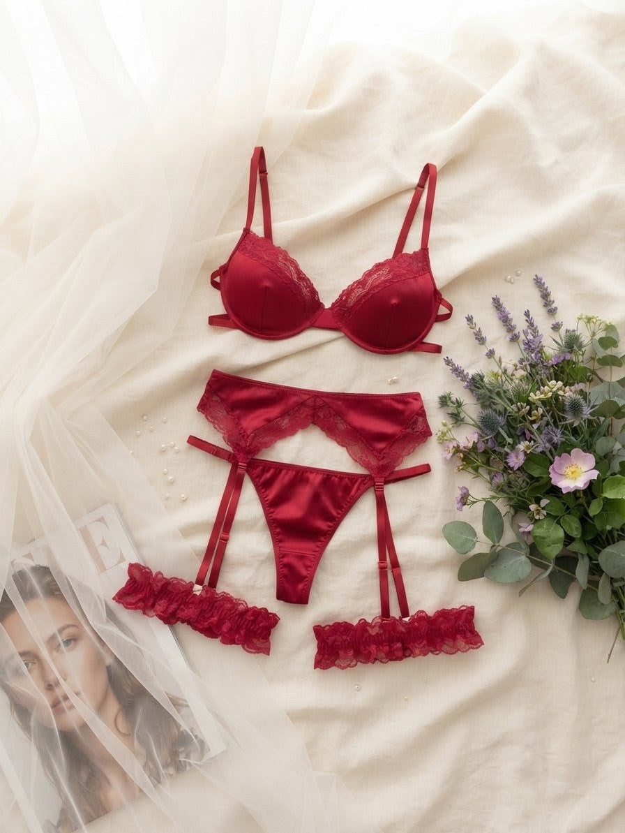 Luxury Satin Lace 4-Piece Lingerie Set in Pakistan – Safaa.pk