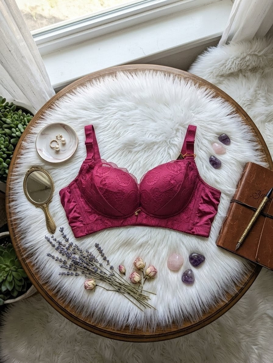 Mehroon double padded lace party wear bra with underwire support