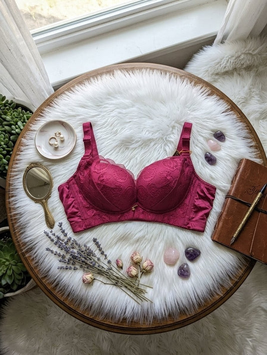 Mehroon double padded lace party wear bra with underwire support