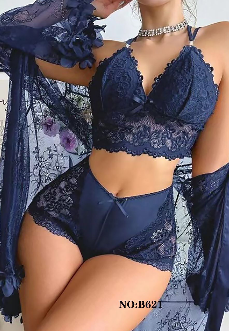 Navy nighty bra set with net gown in Pakistan – Safaa.pk