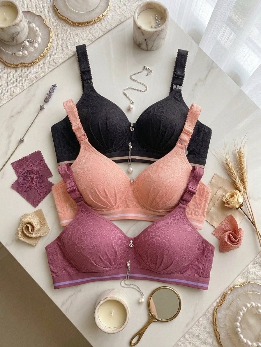 Pack of 3 padded bras with lace detailing in Pakistan