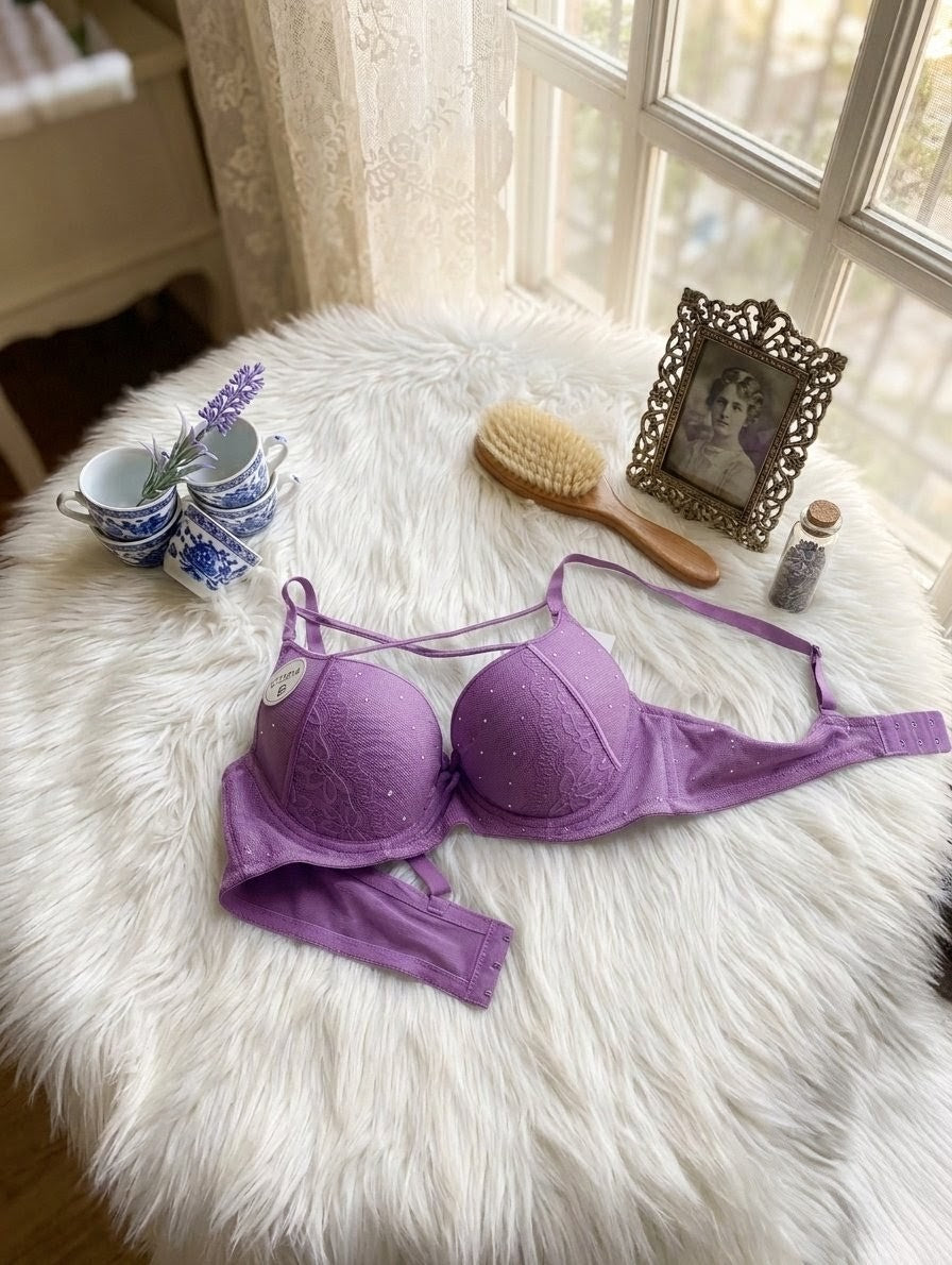 Pearl cross cord push up bra with underwire support and lace-up front design