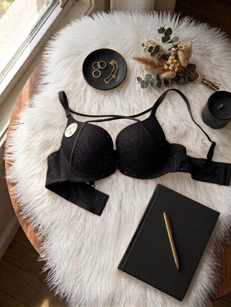 Pearl cross cord push up bra with underwire support and lace-up front design