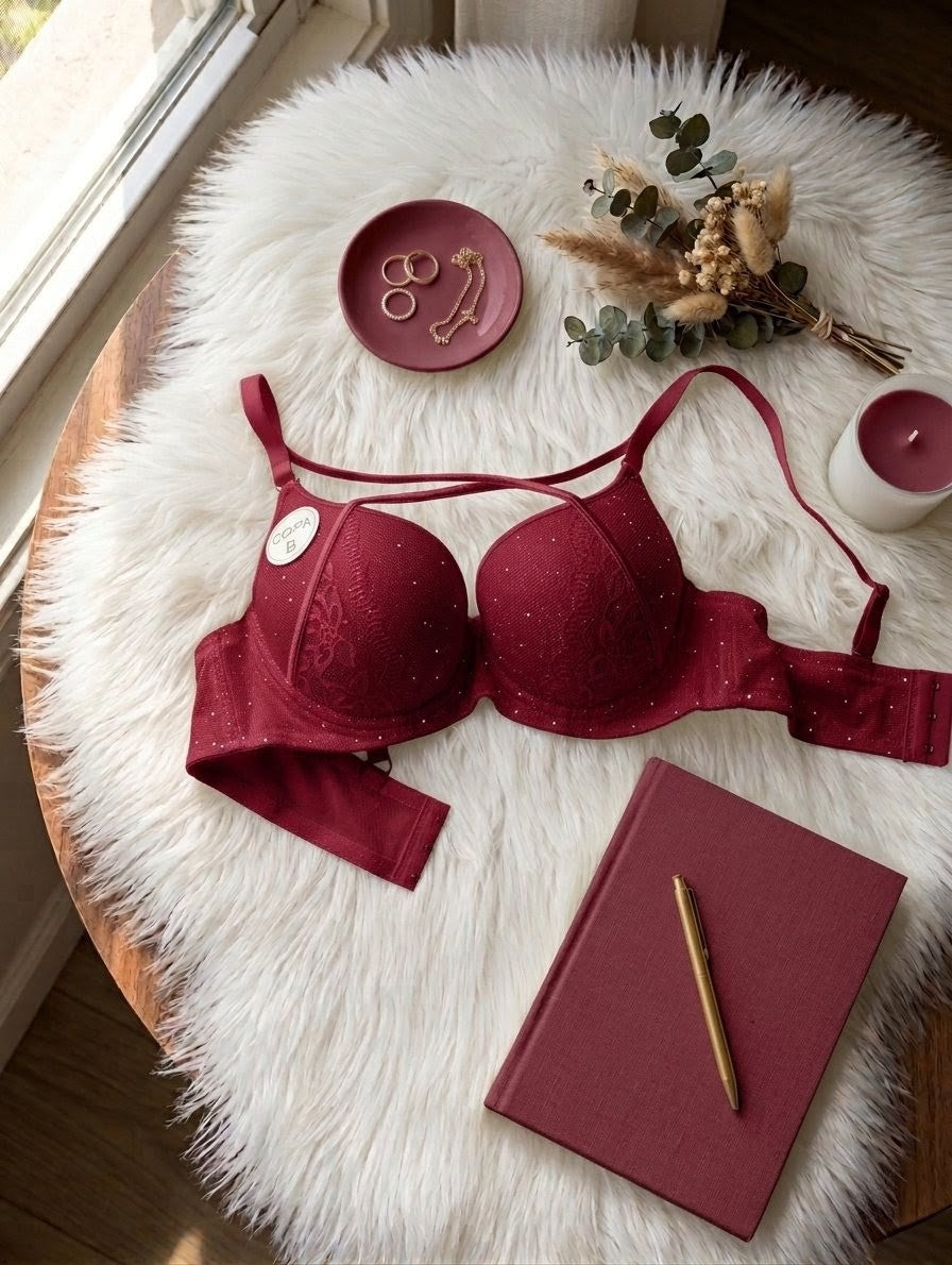 Pearl cross cord push up bra with underwire support and lace-up front design