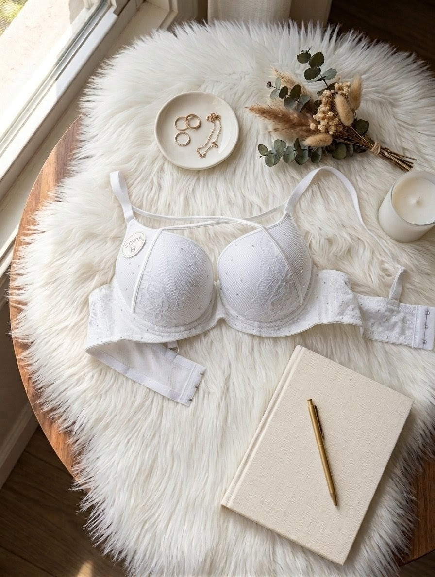Pearl cross cord push up bra with underwire support and lace-up front design
