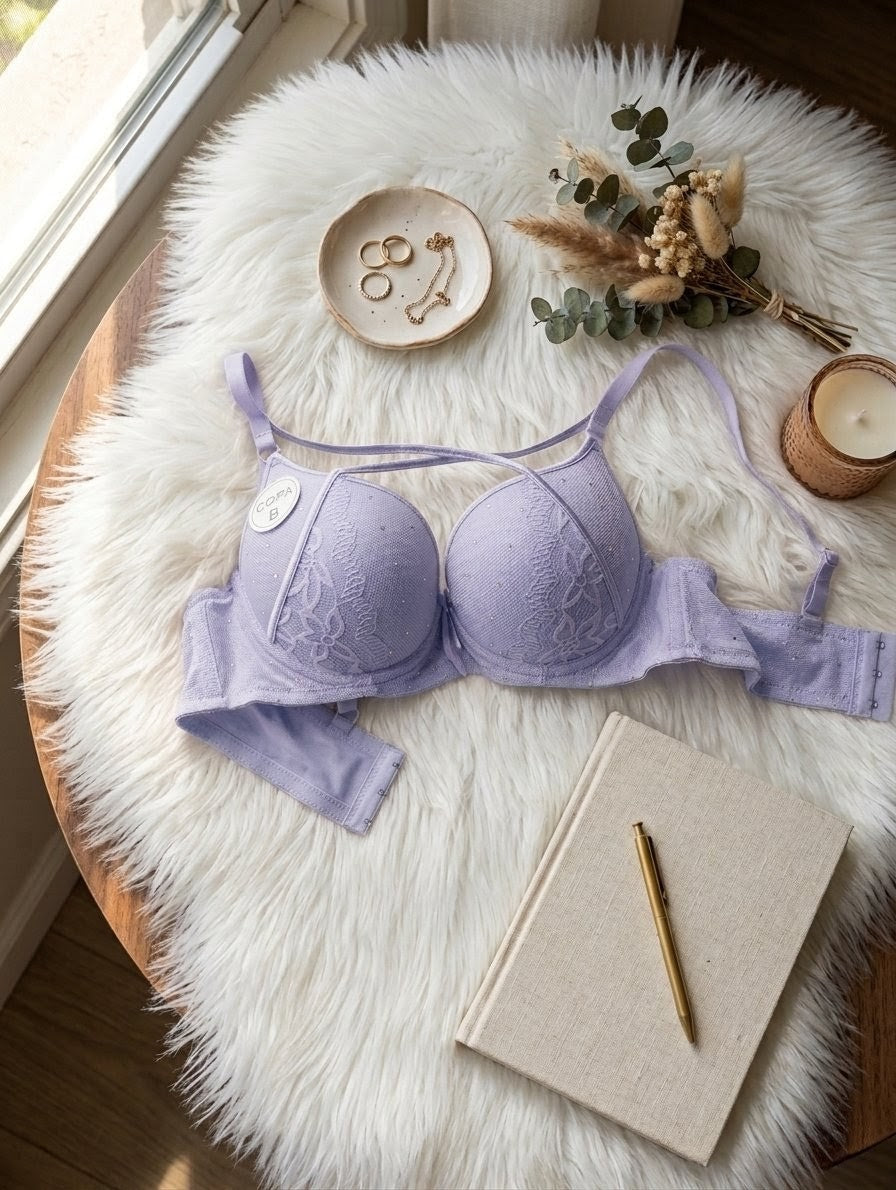 Pearl cross cord push up bra with underwire support and lace-up front design