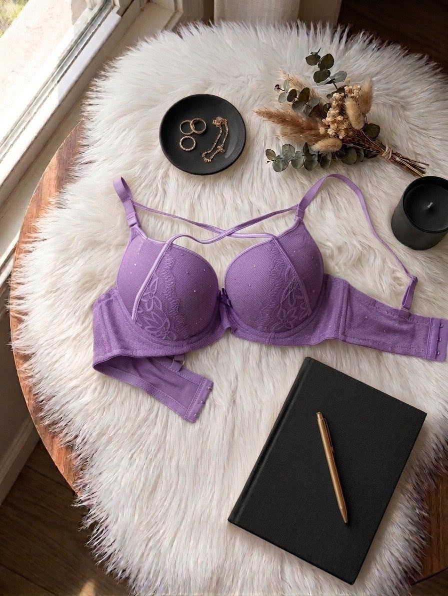 Pearl cross cord push up bra with underwire support and lace-up front design