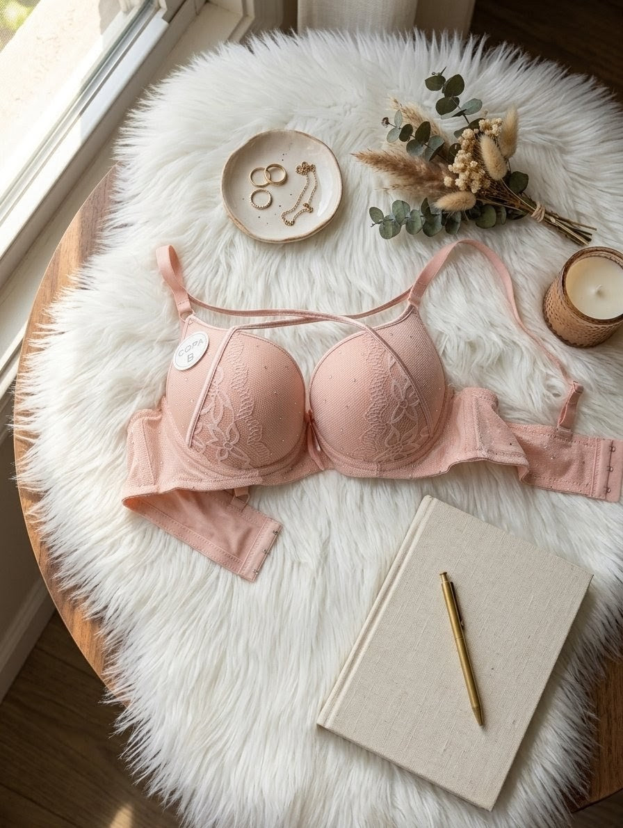 Pearl cross cord push up bra with underwire support and lace-up front design