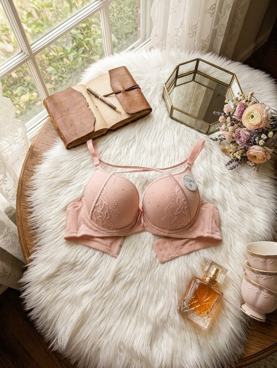 Pearl cross cord push up bra with underwire support and lace-up front design