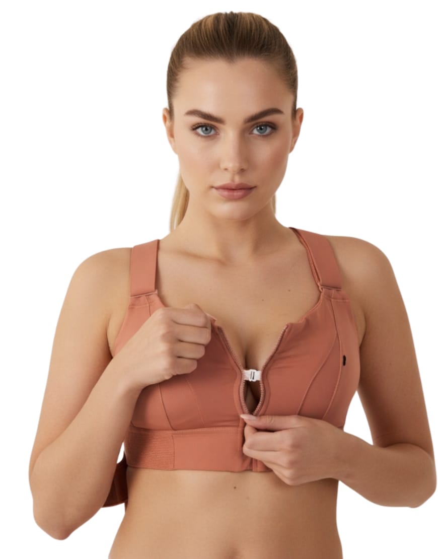 Premium front zip sports fixer bra with padded cups and adjustable support in multiple colors