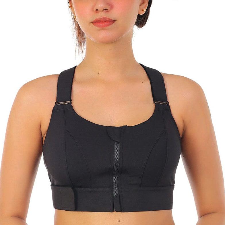 Premium front zip sports fixer bra with padded cups and adjustable support in multiple colors