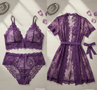 Purple nighty bra set with net gown in Pakistan – Safaa.pk