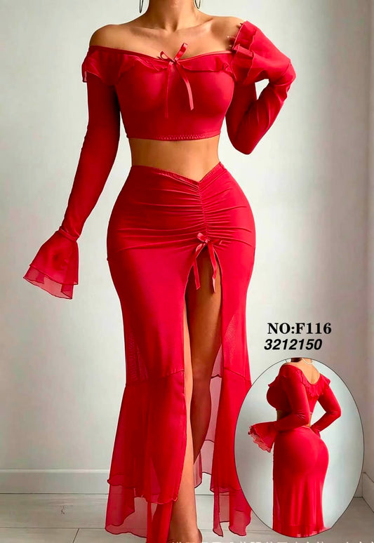 Red Sheer Mesh Lingerie Skirt Set with Off-Shoulder Top in Pakistan – Safaa.pk