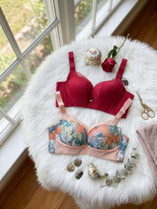 Red lacy + printed padded bra for daily wear with soft fabric