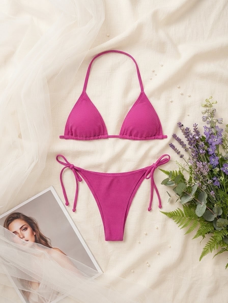 Ribbed Side-Tie Bikini Set – Adjustable Beachwear (Non-Padded)