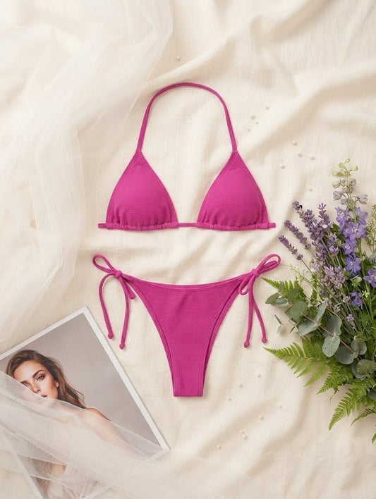 Ribbed Side-Tie Bikini Set – Adjustable Beachwear (Non-Padded)
