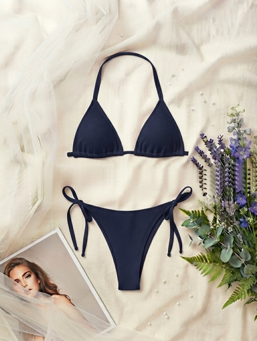 Ribbed Side-Tie Bikini Set – Adjustable Beachwear (Non-Padded)