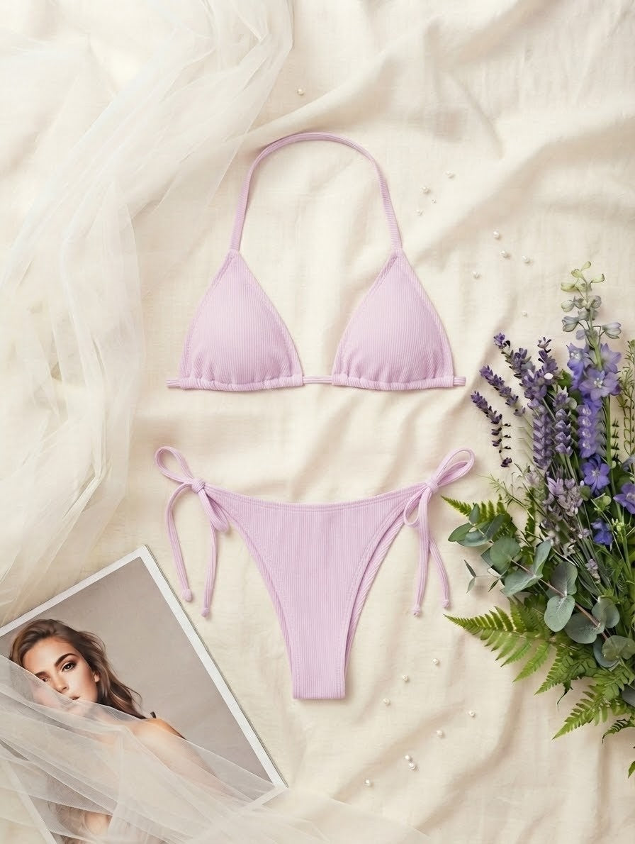 Ribbed Side-Tie Bikini Set – Adjustable Beachwear (Non-Padded)