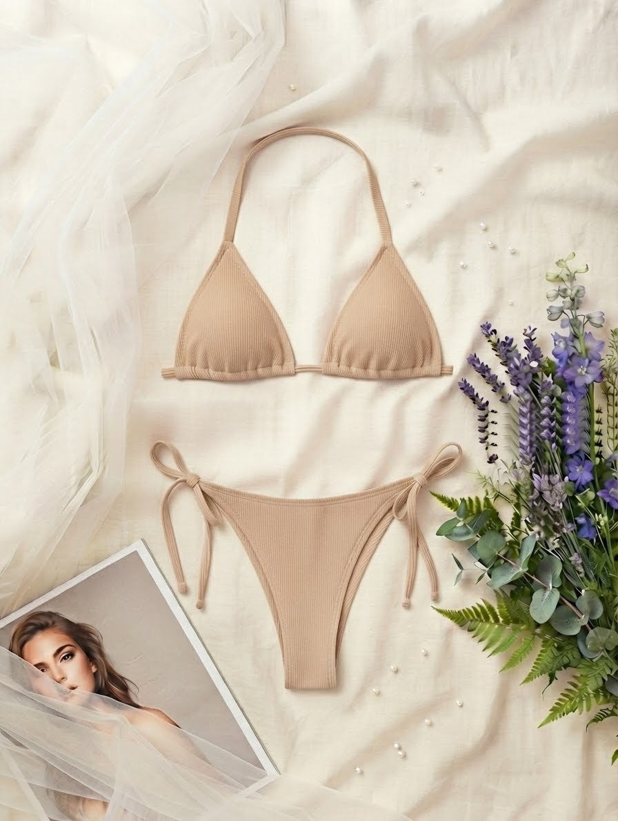 Ribbed Side-Tie Bikini Set – Adjustable Beachwear (Non-Padded)