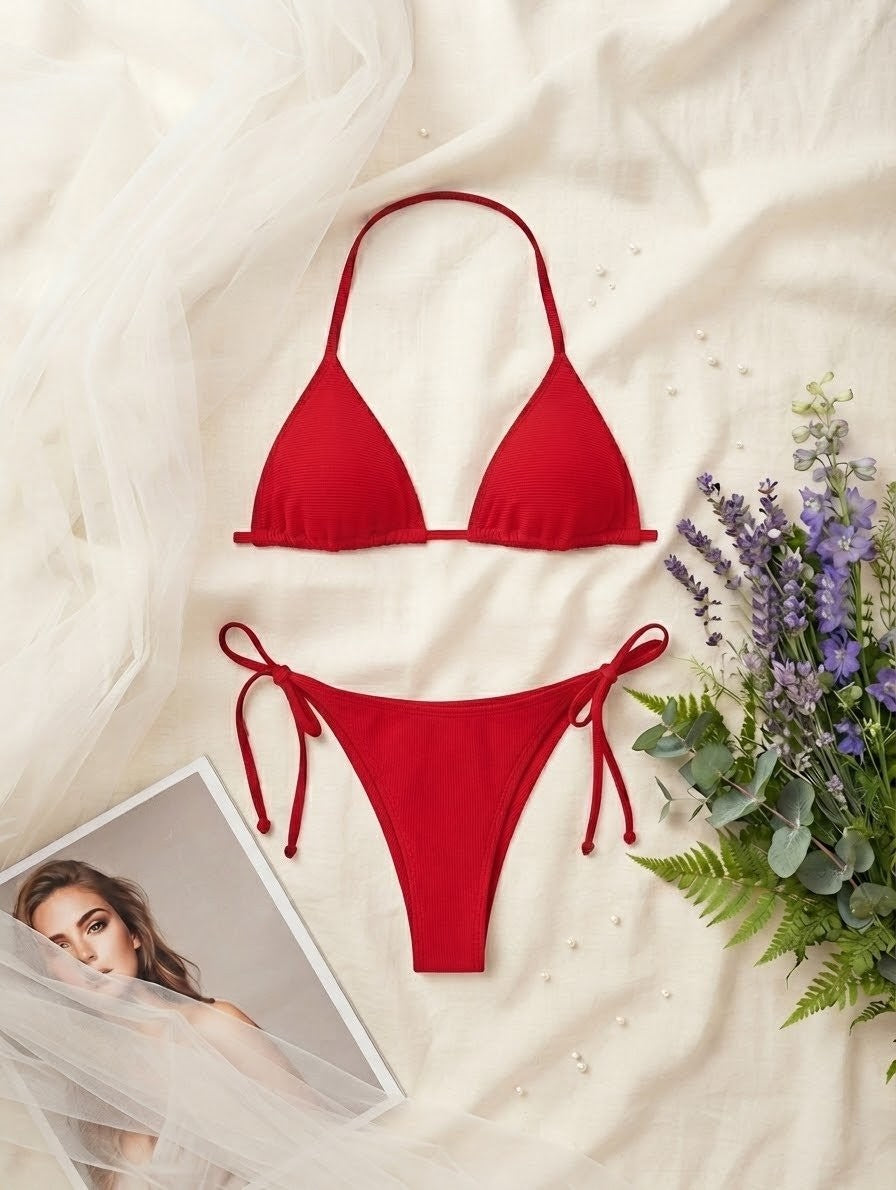 Ribbed Side-Tie Bikini Set – Adjustable Beachwear (Non-Padded)