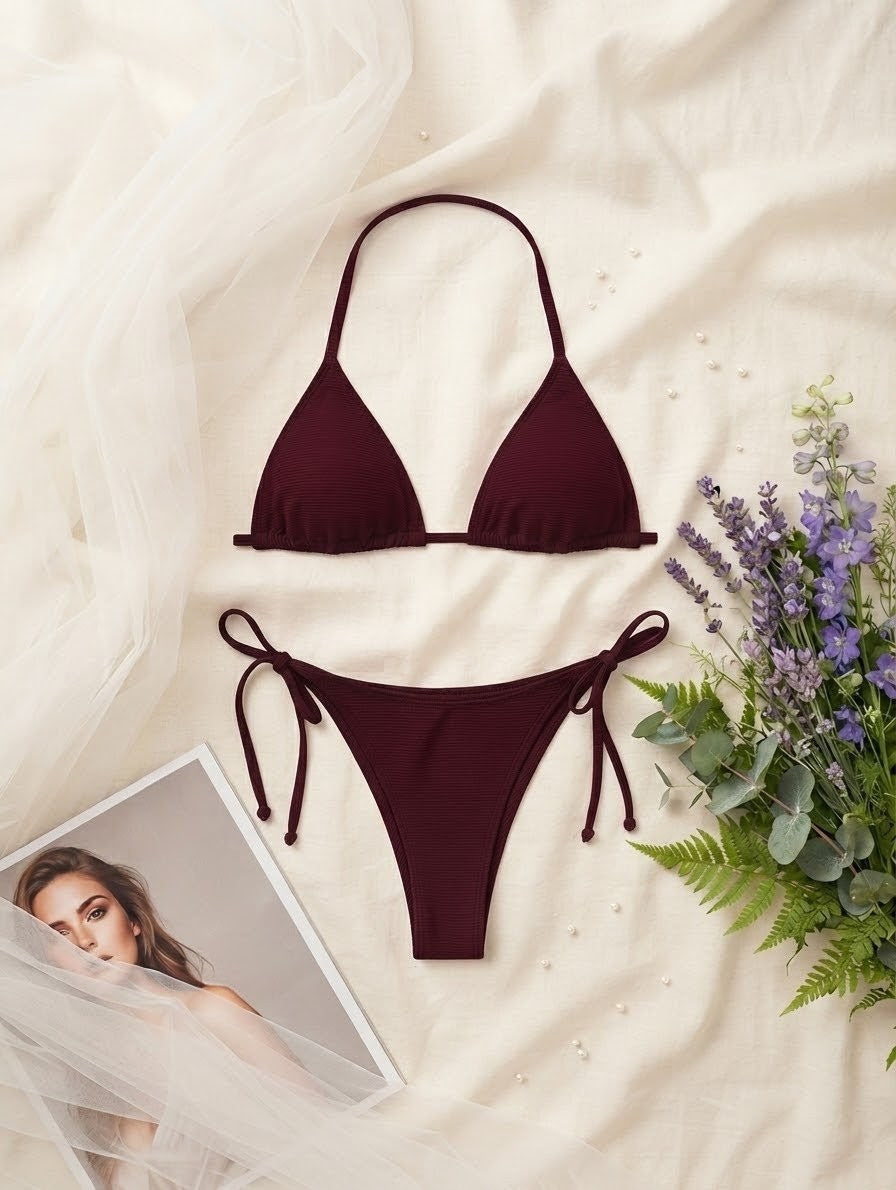 Ribbed Side-Tie Bikini Set – Adjustable Beachwear (Non-Padded)