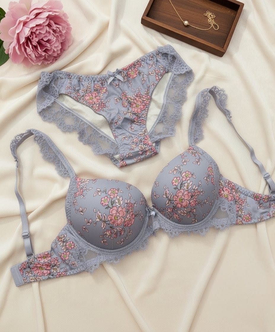 Stylish Floral Design Padded Push-Up Lingerie Set