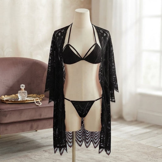 Black Lace Three-Piece Nighty Set in Pakistan – Safaa.pk
