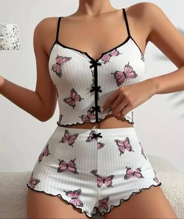White Butterfly Print Ribbed Pajama Set for Women in Pakistan – Safaa.pk